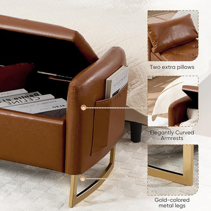 48" End of Bed Bench, Modern Storage Benches with Button-Tufted, Leather Upholstered Storage Ottoman Bench for Foot of Bed with Arms, Gold Legs Window and Entryway, Brown