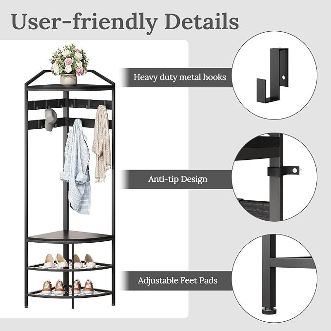 GiftGo Corner Hall Tree with Shoe Bench Entryway Coat Rack with 10 Metal Movable Hooks Freestanding Clothes Rack Shoes Shelf Organizer for Home Office Bedroom (Black)