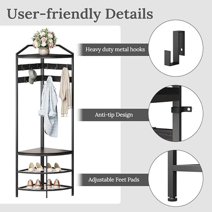 GiftGo Corner Hall Tree with Shoe Bench Entryway Coat Rack with 10 Metal Movable Hooks Freestanding Clothes Rack Shoes Shelf Organizer for Home Office Bedroom (Black)
