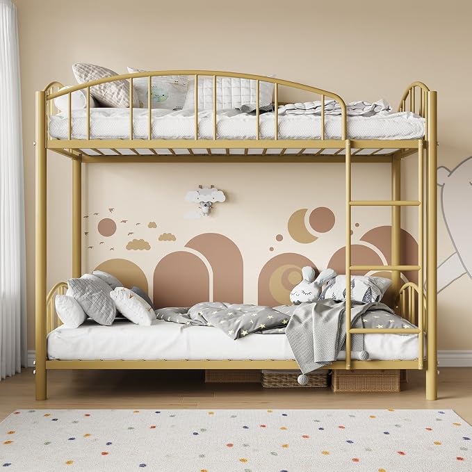 IDEALHOUSE Twin Over Twin Bunk Bed Frame, Twin Bunk Bed Frame with Heightened Arched Guardrail and Safety Ladder, Sturdy Steel Bed for School, Bedroom, Easy Assembly, Modern Gold
