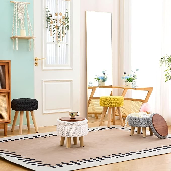 Wimarsbon Pouf Ottoman, 100% Cotton Knitted Boho Footstool, Round Footrest with Non-Skid Wood Legs, Home Décor Handmade Pouffe, Leisure Floor Step Stool for Living Room (Storage Beige)
