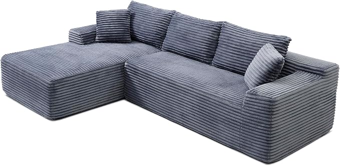 95" L Shaped Boneless Sectional Couches, Wide Armrest, Deep Seat, Memory Foam, Assembly Free, Modern Comfy Corduroy Fluffy Cloud Sofa with Left Chaise for Living Room, Small Spaces, Grey