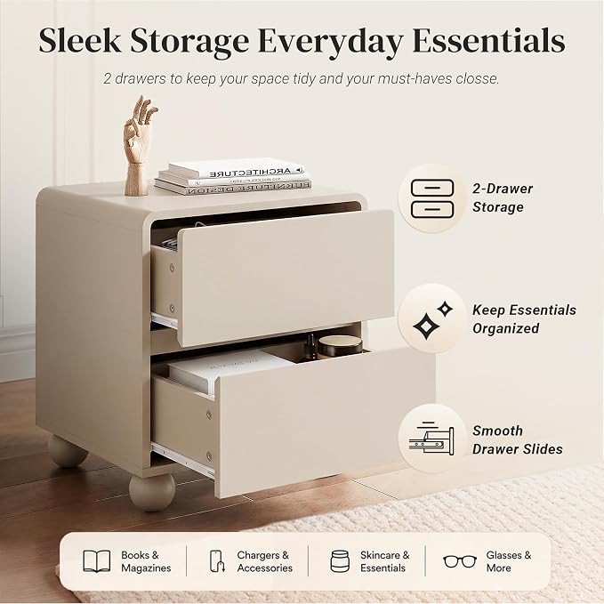 Furniway Beige Nightstand Set of 2, Modern 2 Drawer Bedside Table with Curved Profile Design and Handle-Free Drawers, Modern End Table with Storage for Bedroom