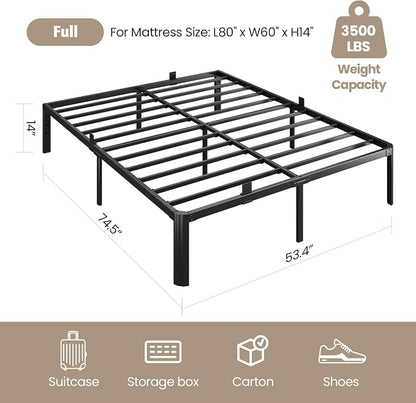 Metal Bed Frame Full Size, 14 Inch 3500 lbs Heavy Duty Platform Bed Frames Steel Slats Noise Free No Box Spring Needed, Easy Assemble Sturdy Bedframe Rounded Corner with Storage and Mattress Retainers