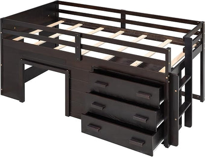Bellemave Twin Size Low loft Bed for Kids,Wood Modern Farmhouse Twin Loft Bed with and Drawer Storage, No Box Spring Needed, Espresso