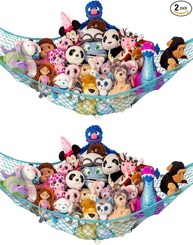 Lilly's Love Stuffed Animal Hammock | Corner Hanging Organizer, Toy Storage, Stuffed Animal Storage Net | Made from Quality Fishing Net, Holds 12lbs | 67"x47"x47" (Light Blue, 2 Pack)
