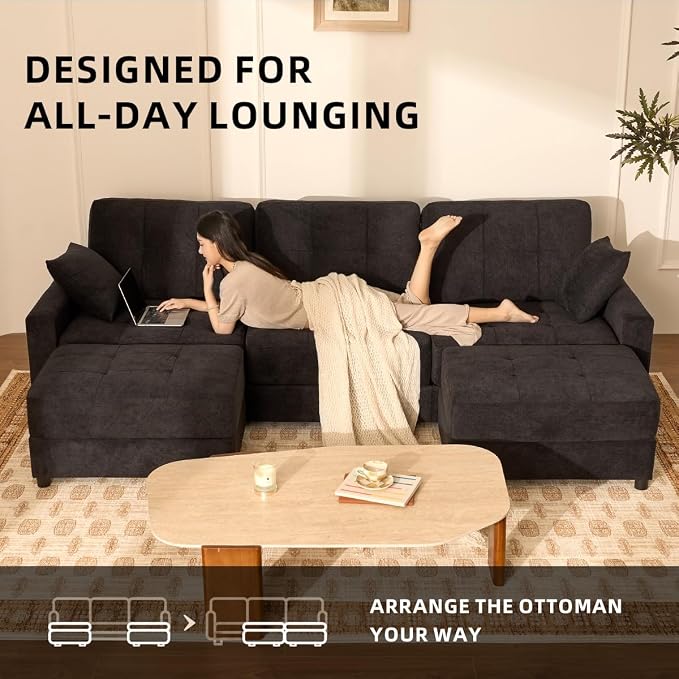 112" U Shaped Modular Cloud Sectional Couch, Waffle Fabric, Black | Modular Deep Seat Sofa, Movable Ottoman, Pocket Spring Cushions, 2-Box Delivery, Living Room Lounge Use, Not Boneless