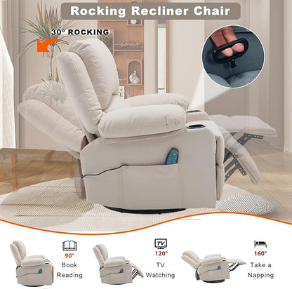 Faux Leather Recliner Chair with Heat and Massage Cup Holder, Overstuffed Swivel Rocker Recliner Chair Rocking Glider Chair for Nursery, Cream White