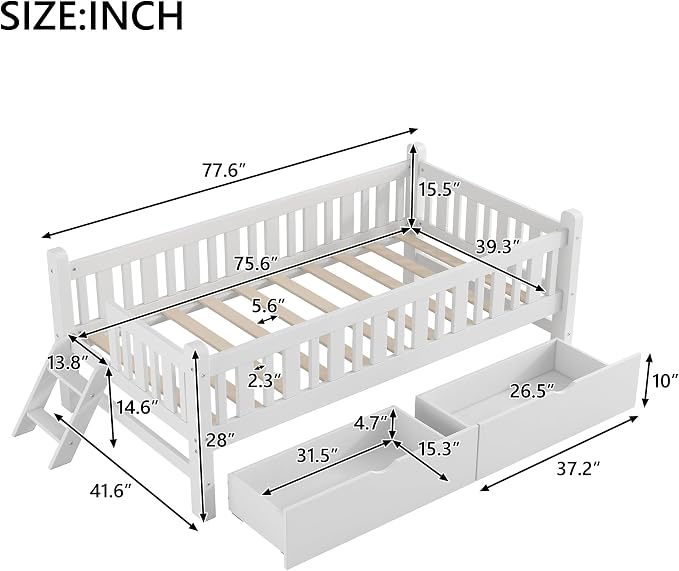Merax Wood Twin Size Platform Bed with Guardrail and 2 Drawers, Kids Bed Frame with Stairs, White
