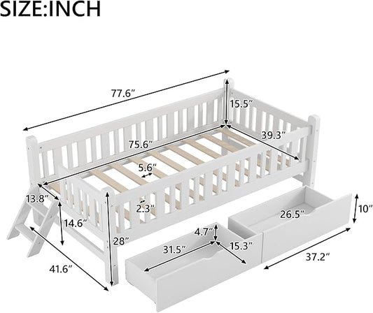 Merax Wood Twin Size Platform Bed with Guardrail and 2 Drawers, Kids Bed Frame with Stairs, White