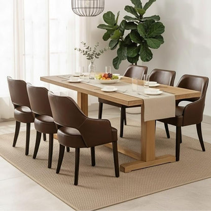 Faux Leather Upholstered Dining Chairs Set of 6 with Arms | Brown faux leather upholstery, solid wood legs, curved open back, padded seat, easy-care surface, dining room, kitchen