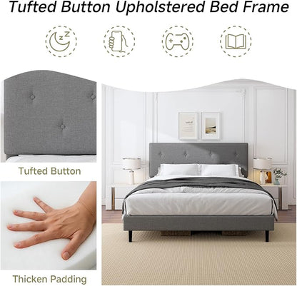 Full Size Linen Bed Frame, Upholstered Platform Bed Frame with Adjustable Headboard, Wooden Slats Support, No Box Spring Needed, Easy Assembly, Grey