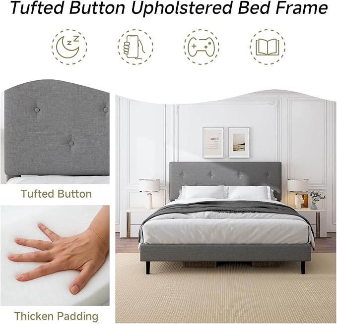 Queen Size Linen Bed Frame, Upholstered Platform Bed Frame with Adjustable Headboard, Wooden Slats Support, No Box Spring Needed, Easy Assembly, Grey