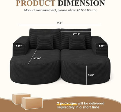 Modular Sectional Sofa Bed,Convertible Cloud Couches for Living Room,2 Chaise Corduroy Boneless Couch Sleeper Sofa Set,Oversized Chaise Lounge Chair for Bedroom,No Assembly Required,Black 1PCS