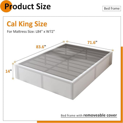 Maenizi Cal King Bed Frame with White Fabric Cover, 14 Inch Heavy Duty Metal Platform Support Up to 3000 lbs with Steel Slats, No Box Spring Needed, Easy Assembly, Noise Free, Black