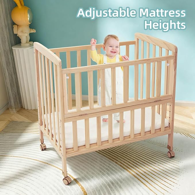 Flwrgirl Mini Baby Crib with Mattress,Portable Bedside Bassinet Sleeper,6 Adjustable Heights,Wood Nursery Crib with Locking Wheels,Compact Baby Bed for Newborns Infants,Unpainted