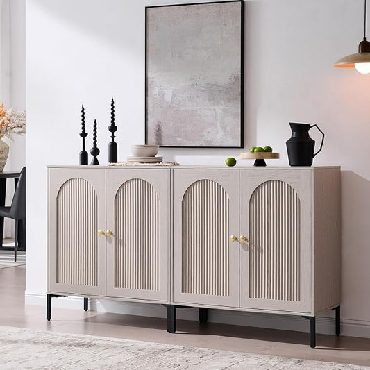IFGET Modern Buffet Cabinet with Storage, 61.75" W Fluted Arched Sideboard Cabinet w/Adjustable Shelves, Wooden Modular Coffee Bar for Dining Room, Kitchen, Living Room, Entryway, Light Grey