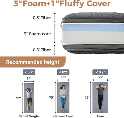 Jamdok 4Inch Twin Floor Mattress,3-Layer Structure Cot Mattress Topper,Gel Memory Foam,Removable Thickened Cover,Portable Roll Up Sleep Pad(75X38X4“)