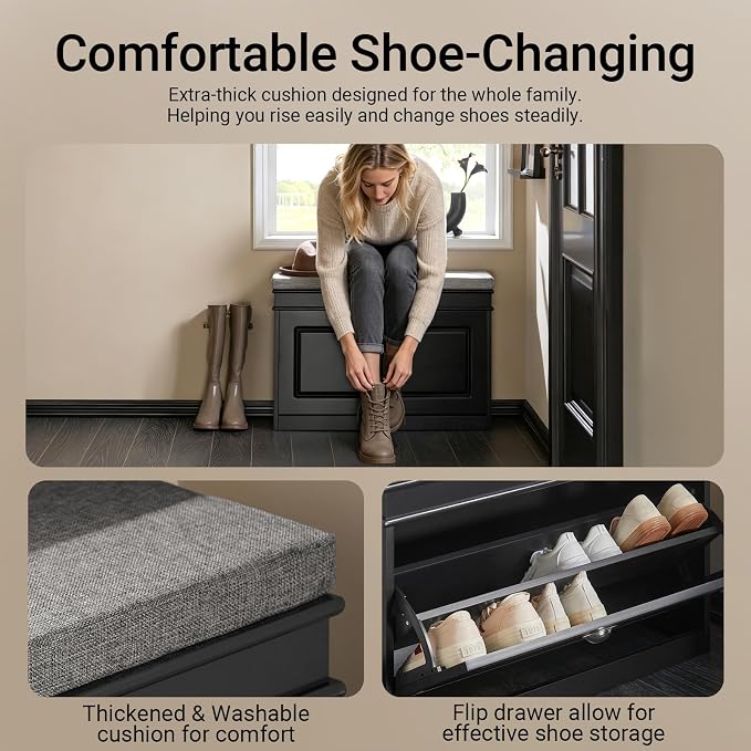 Haotian Shoe Storage Bench with Cushion, Black Narrow Shoe Rack for Entryway, Small Shoe Cabinet with Flip-Drawer, Closet Hallway Mudroom FSR82-L-SCH