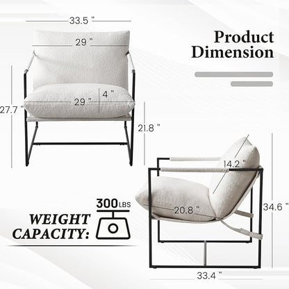 Furnilivng Large Sling Accent Chairs Set of 2, Comfortable Boucle Fabric Arm Chair, Upholstered Cozy Reading Chair for Living Room, Bedroom, Dressing Room, Home Office, White