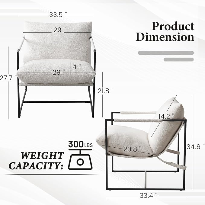 Furnilivng Large Sling Accent Chair, Comfortable Boucle Fabric Arm Chair, Upholstered Cozy Reading Chair for Living Room, Bedroom, Dressing Room, Home Office (White, Set of 1)
