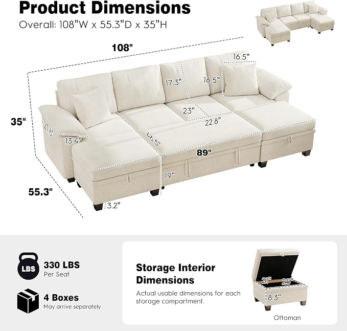 Ihanherry 108" Modular Sectional Sofa with Pull Out Bed, 6-Seater U Shaped Sectional Sleeper Couch with Storage Ottoman, Chenille Convertible Couches for Living Room, Apartment (Beige)