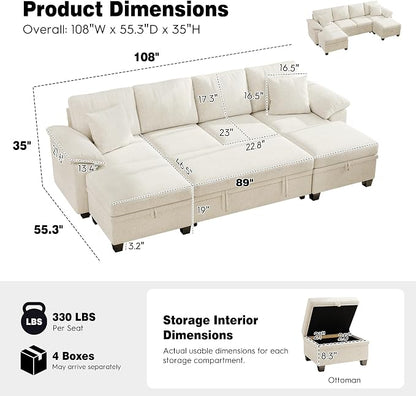 Ihanherry 108" Modular Sectional Sofa with Pull Out Bed, 6-Seater U Shaped Sectional Sleeper Couch with Storage Ottoman, Chenille Convertible Couches for Living Room, Apartment (Beige)