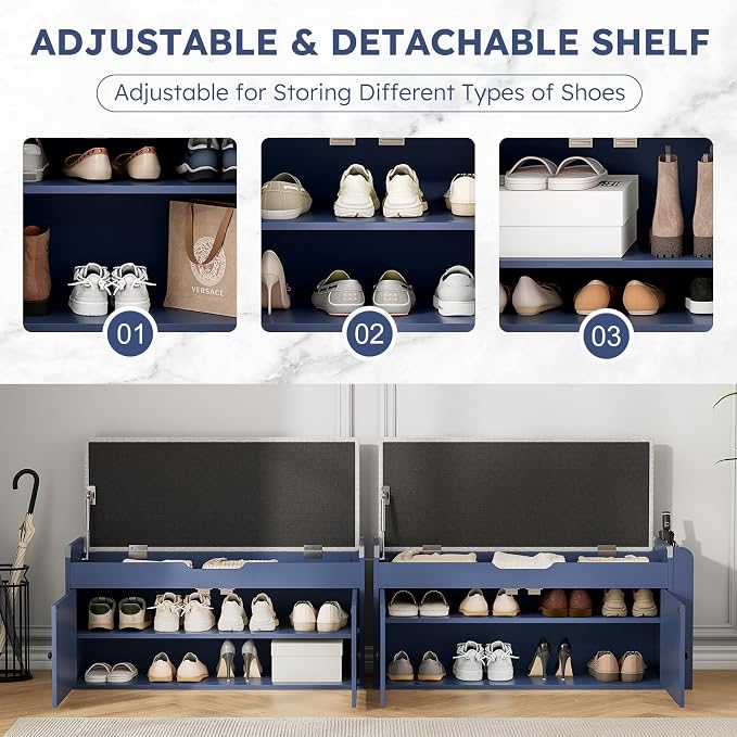39.4" Storage Bench - Entryway Shoe Bench with Side Storage Shelves and 2 Doors, Multifunctional Entryway Bench with Lift Top Cushion, Shoe Storage Bench for Bedroom, Living Room, Navy Blue