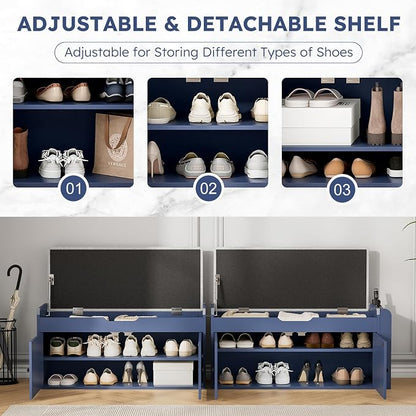 39.4" Storage Bench - Entryway Shoe Bench with Side Storage Shelves and 2 Doors, Multifunctional Entryway Bench with Lift Top Cushion, Shoe Storage Bench for Bedroom, Living Room, Navy Blue