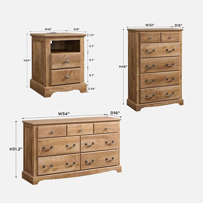 T4TREAM Farmhouse Dressers & Night Stand Set of 4, 54" Wide 7 Drawer Dresser & 48" Tall 6 Drawers Chests, 18" Wide 2 Drawers Side Table Set of 2, Furniture Dresser Sets for Home, Light Knotty Oak