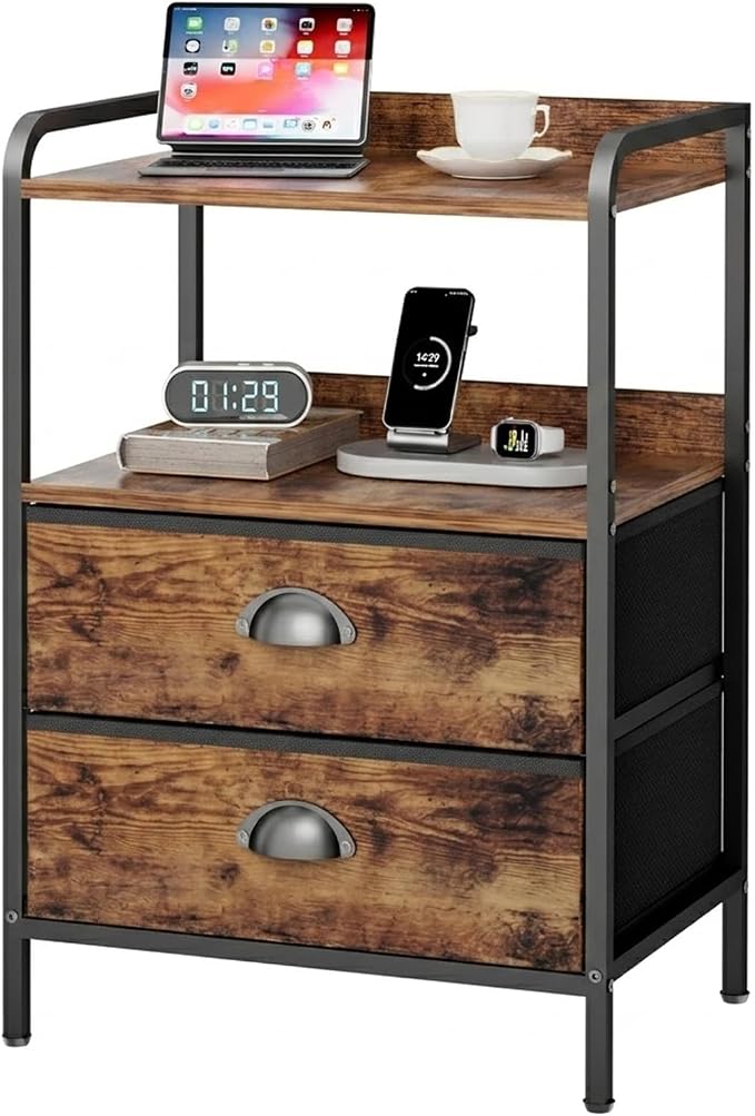 Night Stand, End Table with 2 Drawers Nightstand for Bedroom, Small Fabric Dresser Organizer, Bedisde Table Side Table with Open Storage Shelf, Rustic Brown