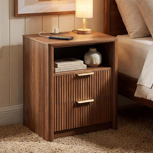 LYNCOHOME 19.7" Fluted Nightstand with Charging Station, 2 Drawer Bedside Table, Modern Night Stand with Curved Edge Design, Wooden End Table for Bedroom, Rounded Night Stand with Storage, Walnut