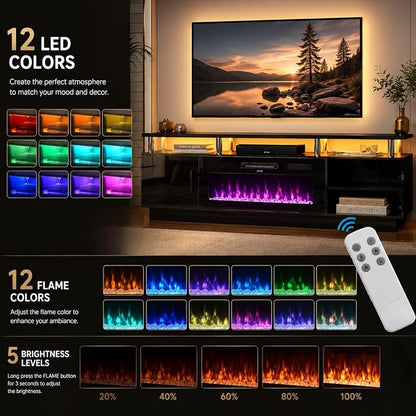 70" TV Stand for Living Room, Modern Entertainment Center & Media Console, Fits TVs up to 80", Storage Cabinet with Shelves, 36" Electric Fireplace with LED Flame (All Black)