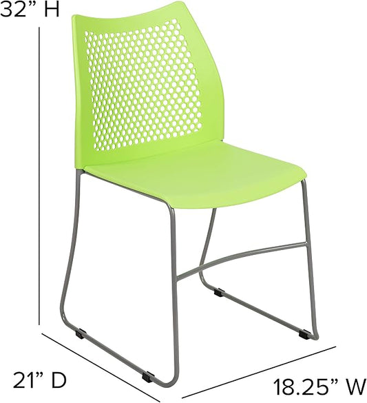 Flash Furniture HERCULES Series 661 lb. Capacity Green Stack Chair with Air-Vent Back and Gray Powder Coated Sled Base