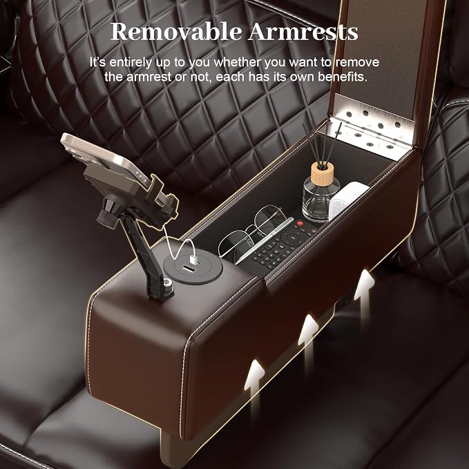 Yolsali Loveseat Recliner Sofa, Manual Reclining Loveseat with Removable Armrest, Faux Leather Recliner Loveseat for Adults with 2-Tier Cushions, USB Charging Ports, Cup Holders - Brown