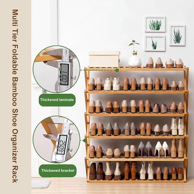 Bamboo Multilayer Foldable Tall Shoe Rack Boots Organizer Storage Sturdy Narrow Shoe Shelf for Entryway, Closet, Porch, Dorm, Living Room, Bedroom