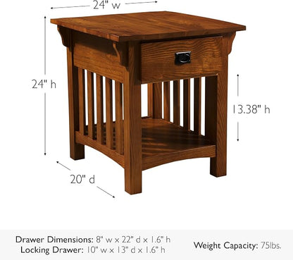 Leick Home Mission End Table, Solid Wood, 1 Storage Drawer, Additional Secret Compartment, Bottom Display Shelf, Easy-Assembly, Medium Oak, 20.0 in. L x 24.0 in. W x 24.0 in. H, 8222-SC
