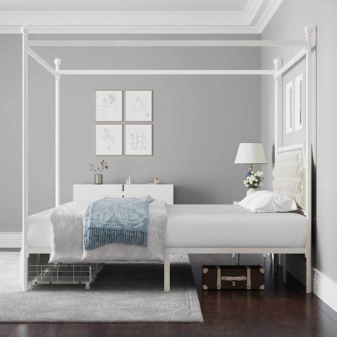 Keyluv Queen Upholstered Canopy Bed Frame with 2 Storage Drawers & Button Tufted Headboard, Metal Platform Bed with 4 Removable Posts, Two-Purpose Velvet Bed, Beige/Curtain Not Included