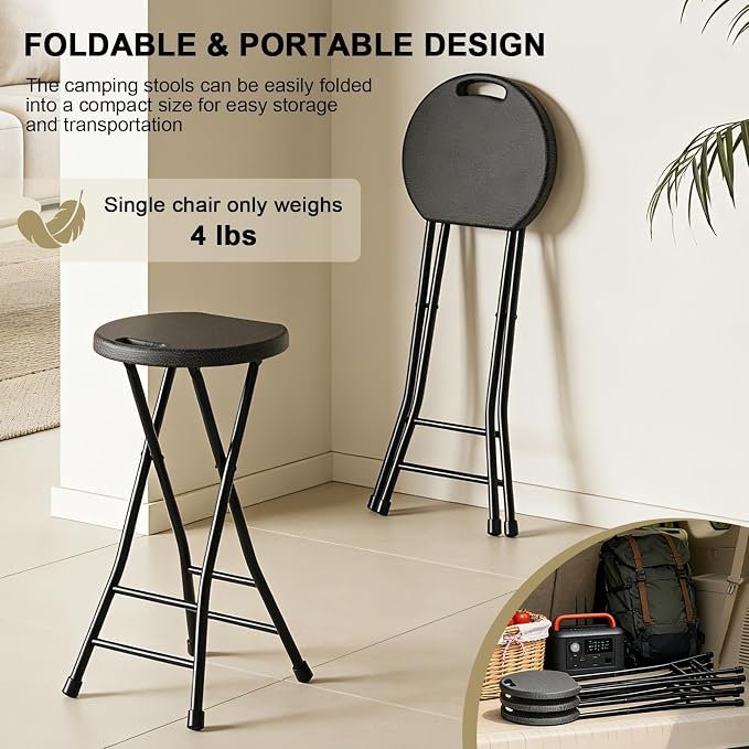 24 Inch Folding Stool Set of 2, Portable Folding Stool with Handle & Non-Slip Feet, Sturdy 440lbs Capacity Folding Bar Stool for Kitchen, Camping, Fishing, Black