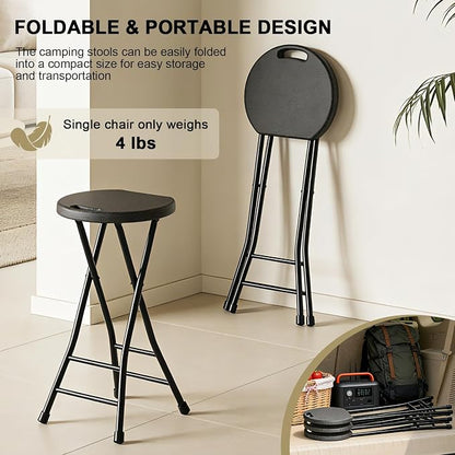 24 Inch Folding Stool Set of 2, Portable Folding Stool with Handle & Non-Slip Feet, Sturdy 440lbs Capacity Folding Bar Stool for Kitchen, Camping, Fishing, Black