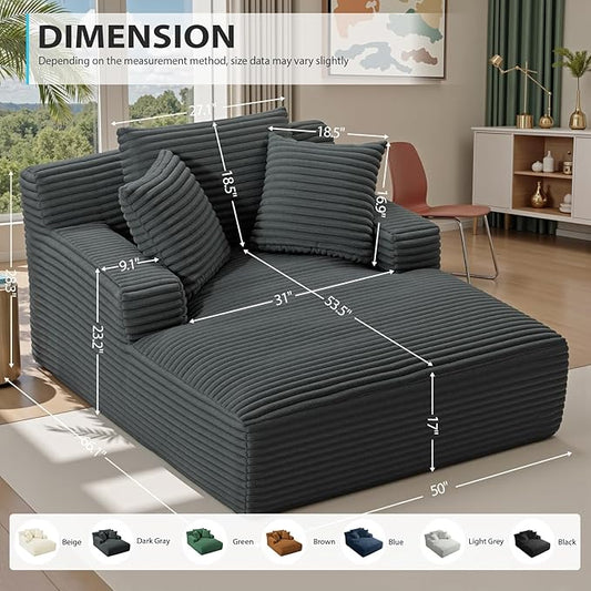 50 Inch Chaise Lounge Chair Indoor, Oversized Corduroy Upholstered Boneless Sofa Bed, Deep Seat Sleeper Couch Reading Chairs, Cloud Sofas Couches for Living Room, No Assembly Required (Dark Grey)