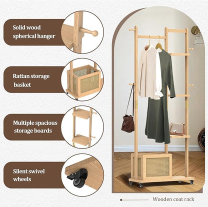 Wood Clothes Rack with Storage, 4 Shelves, 4 Hooks, Garment Rack with wheels, Coat Rack Freestanding, Clothing Rack Heavy Duty Hall Tree for Living Room Hallway,856 Natural