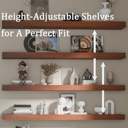 Floating Shelves for Wall, 48 Inch Extra Long Brown Wall Shelves, Set of 4, Hanging Invisible Brackets Floating Shelves for Living Room,Bedroom,and Kitchen