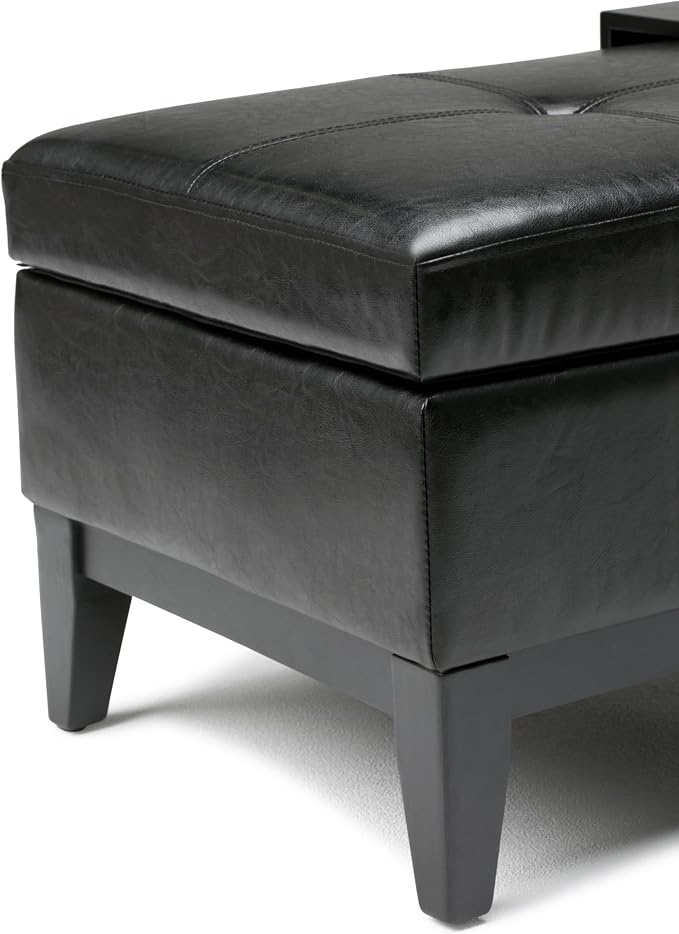 SIMPLIHOME Oregon Storage Ottoman Bench with Tray - 42 inch Wide Upholstered Vegan Leather Rectangle Ottoman Bench in Midnight Black, Transitional Tufted Ottoman for Living Room with Lift-Up Lid