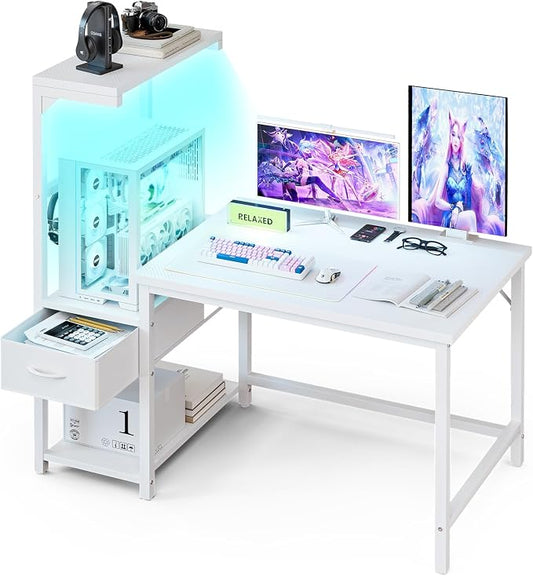 Grandder Gaming Desk 41 Inch with CPU Stand and LED Light, Computer Desk with Reversible Shelves and Storage Drawer, Pc Small Desk for Home Office Table with Bag, White