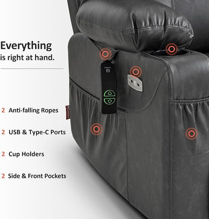 MCombo Electric Power Lift Recliner Chair Sofa with Massage and Heat for Elderly, 3 Positions, 2 Side Pockets, and Cup Holders, USB Ports, Faux Leather 7040 (Grey, Medium)