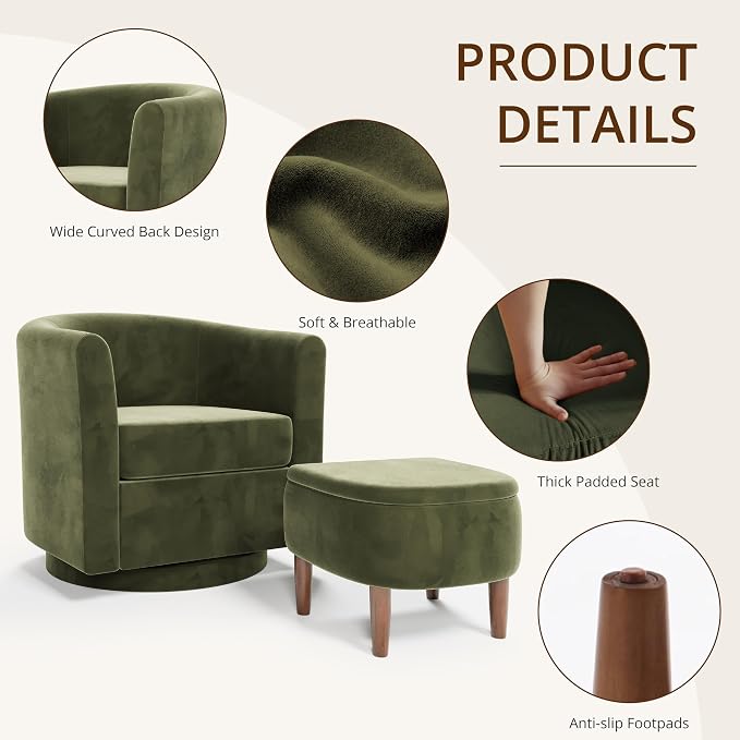 Swivel Accent Chair with Storage Ottoman, Small Modern Velvet Barrel Chair, Upholstered Armchair with Footrest for Living Room/Reading/Bedroom, 24.8'' D x 25.38'' W x 25.6'' H, Green