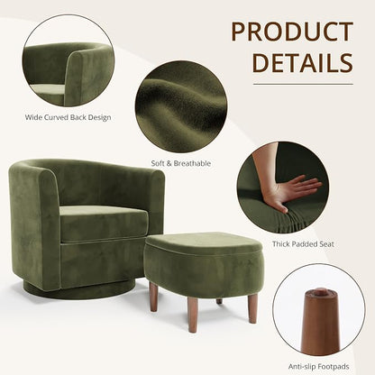 Swivel Accent Chair with Storage Ottoman, Small Modern Velvet Barrel Chair, Upholstered Armchair with Footrest for Living Room/Reading/Bedroom, 24.8'' D x 25.38'' W x 25.6'' H, Green