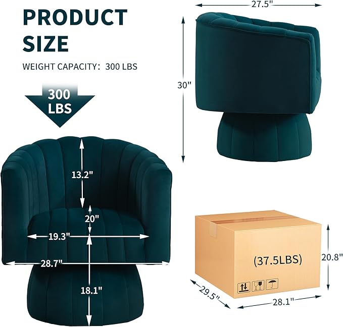 Swivel Accent Barrel Chair - Cute Comfy Small Round 360° Arm Chair Velvet Sofa Club Reading Chair for Living Room Bedroom Office Green