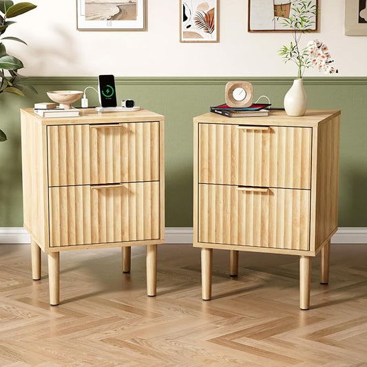 VINGLI Nightstands Set of 2 with Charging Station, Fluted Nightstand 2 Drawer, 15.8" W*15.6" D Mid Century Modern Nightstands for Bedroom, Fluted Bed Side Table, Oak Night Stands Set 2